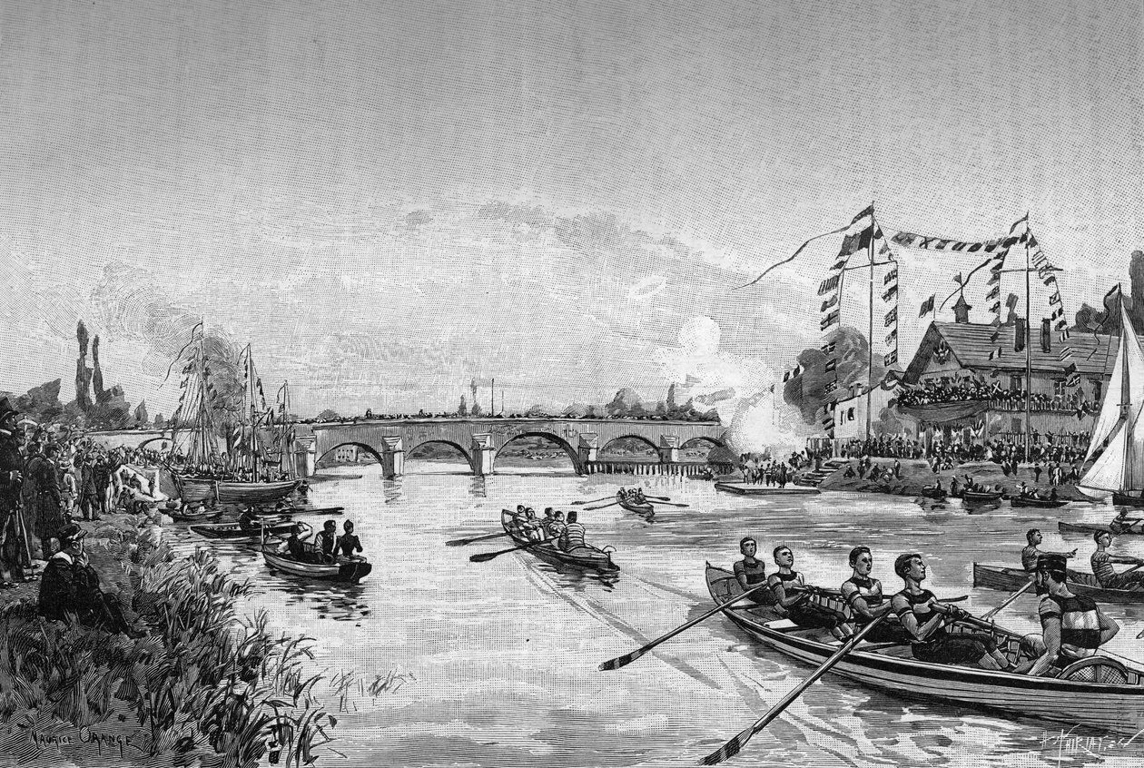 The school regattas of Joinville le Pont (Joinville-le-Pont), Ile de France. Engraving in “” Le Journal de la jeunesse”” av Unknown artist