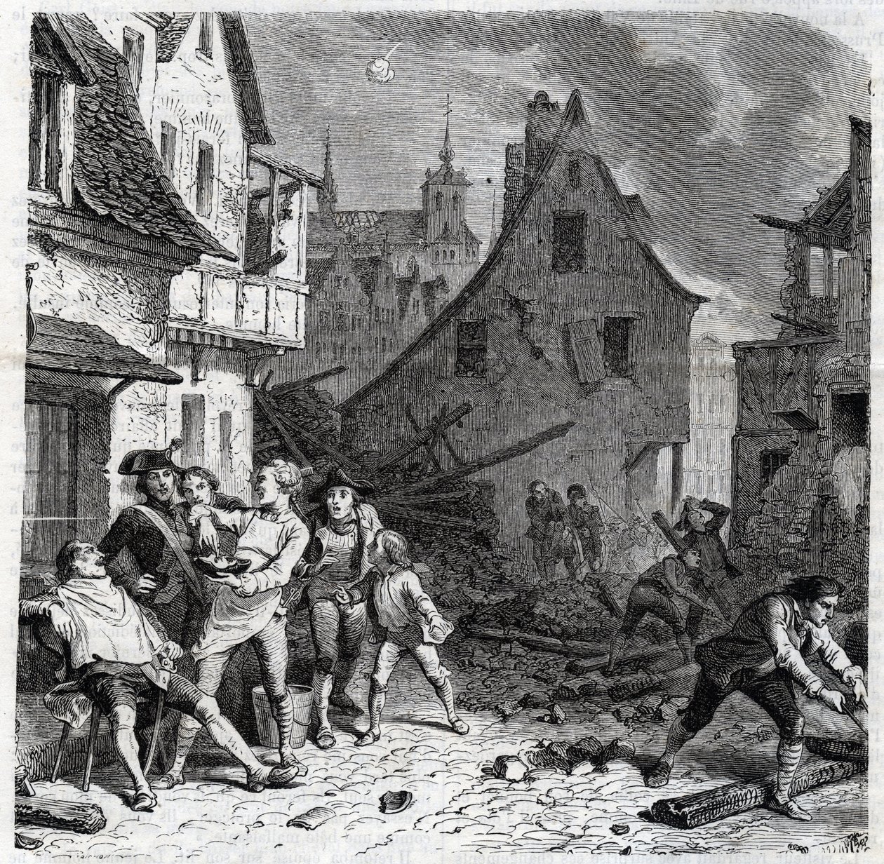 Barberingsfatet til Lille. En episode fra beleiringen av Lille i 1792 under de franske revolusjonskrigene - Le siege de Lille en octobre 1792 - Revolution francaise - Bombardement av østerrikere og prøyssere - Barber bruker en halv bombe som skjeggrett - e av Unknown artist