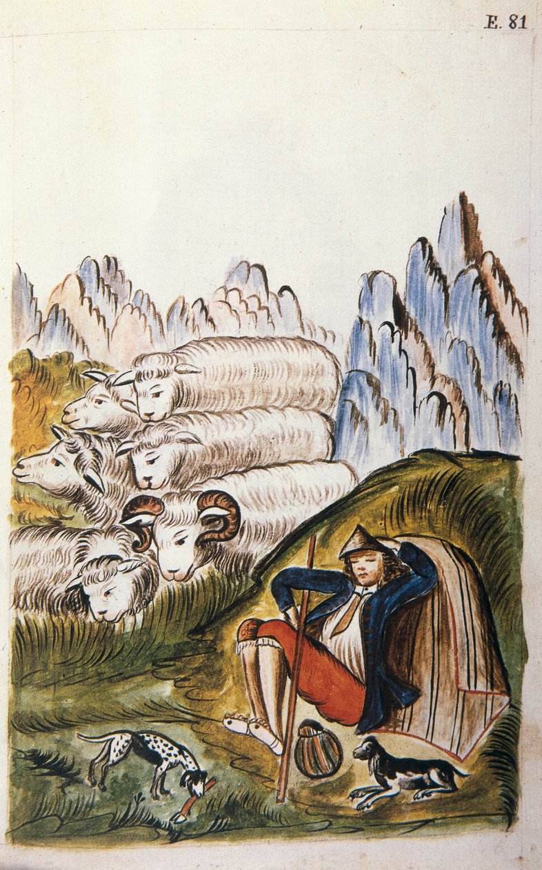 Hyrden og saueflokken hans, fra boken "Trujillo del Peru" eller "Codex Martinez Companion", av Baltazar Martinez Companion og Bujanda, biskop av Trujillo (1782-1785) av Unknown artist