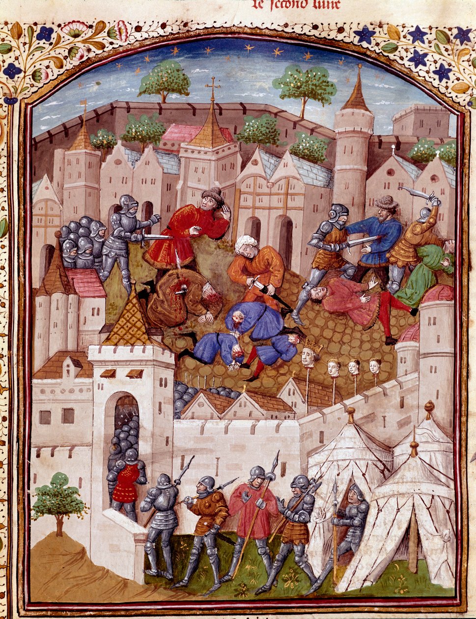 Beleiringen av en by og massakren av dens innbyggere Miniatyr hentet fra "The Facts of the Romans" (eller Li Fet of the Romans), kompilerer Saluste og Suetoine og Lucan. 1400-tallet (ms. 1055, fol. 417) Chantilly, Musee Conde av Unknown artist