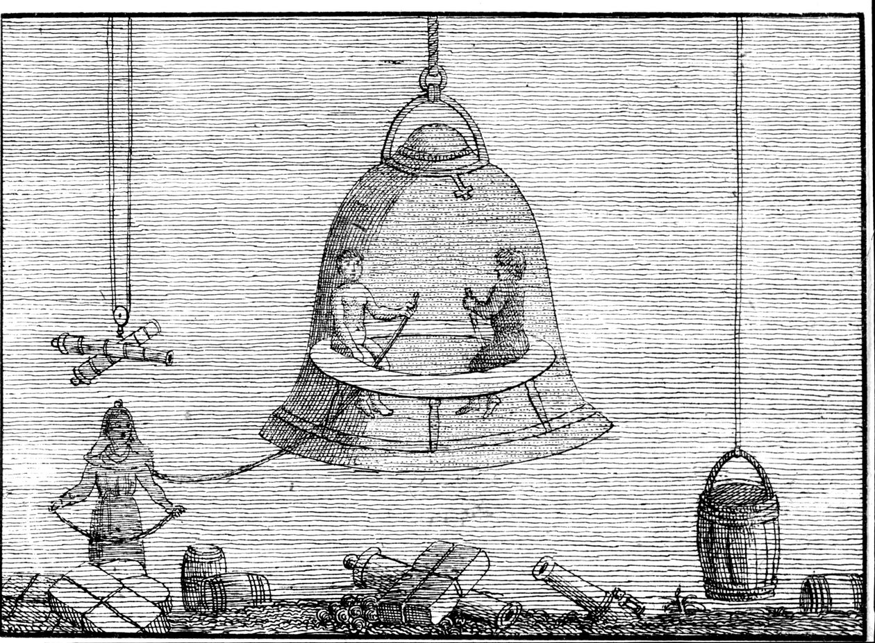 Den lille klokken på skuldrene til mannen til venstre (som mottar luft fra den større klokken) kan betraktes som stamfaren til hjelmen til en drakt. Sd. gravering fra 1600- eller 1700-tallet. av Unknown artist