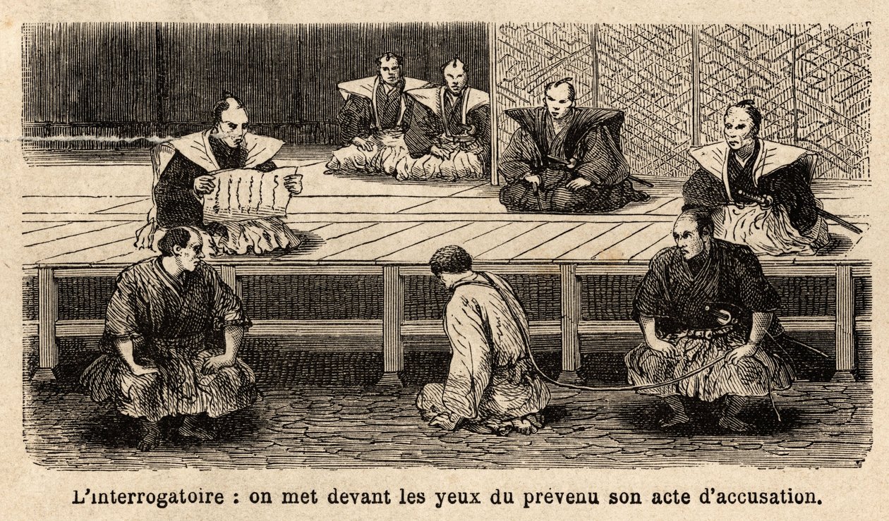 Stadiene av rettferdighet: avhør, lesing av tiltalen for tiltalte, som står foran dommerne, knærne, nakken holdt av et tau holdt av en vakt. Gravering for å illustrere reisen til Japan, i 1863-1864, av Aime Humbert, sveitsernes minister av Unknown artist