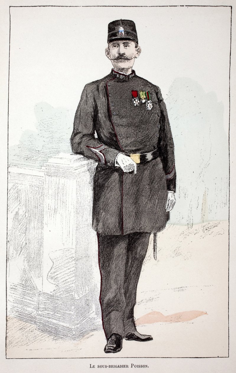 Underbrigaderen (underbrigaderen) Poisson. Etsning i farger, for illustrasjon "" History of the corps of peacekeepers""" bok utgitt i regi av Louis Lepine (1846-1933), prefekt for politiet på Seinen, av Alfred Rey (1864-?) og Louis av Unknown artist