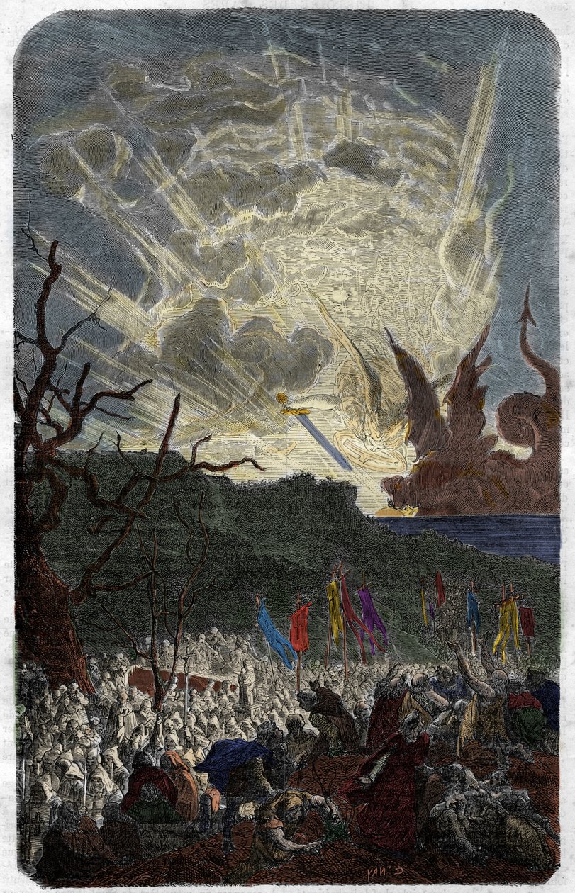 Årets overtak (frykt) tusen (1000): verdens undergang. Gravering i "Histoire des Papes-Rois-Queen and Empereurs a travers les centuries"" av Maurice Lachatre av Unknown artist