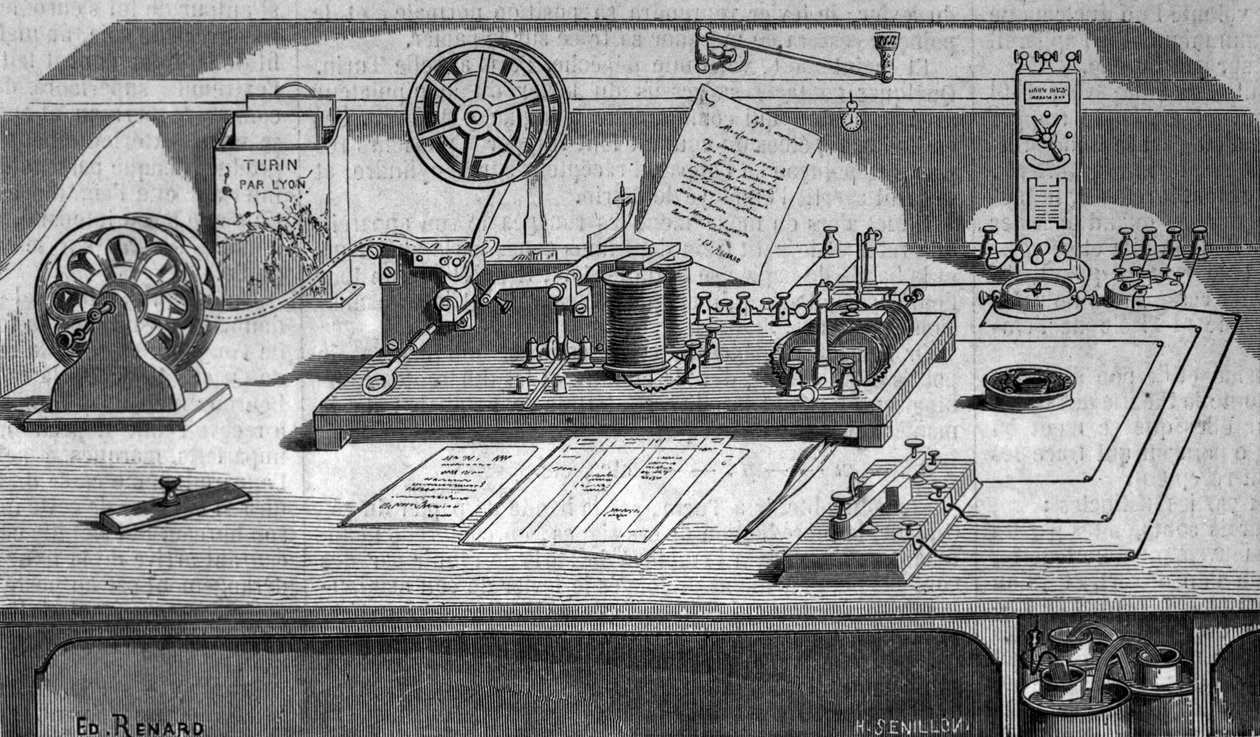 Telegrafen oppfunnet av den amerikanske oppfinneren Samuel Finley Breese Morse (1791-1872). Gravering av 1800-tallet av Unknown artist