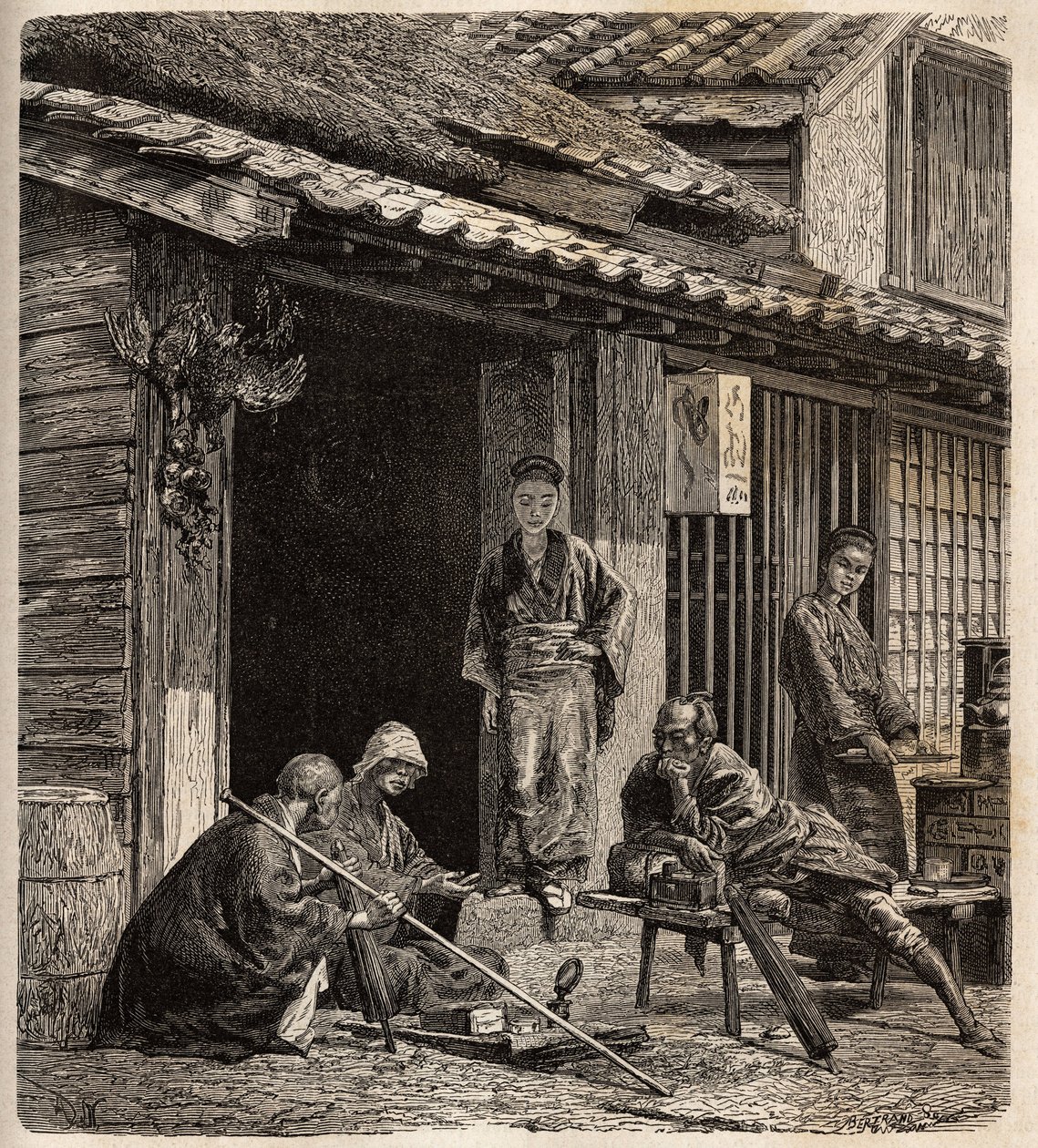 Terskelen til en landsby vertshus i Japan, vertinnene fungerer som vert for sine vanlige gjester. Gravering for å illustrere reisen til Japan i 1863-1864, av Aime Humbert, minister for det sveitsiske konføderasjonen, i «Le tour du monde, nouveau journal de av Unknown artist