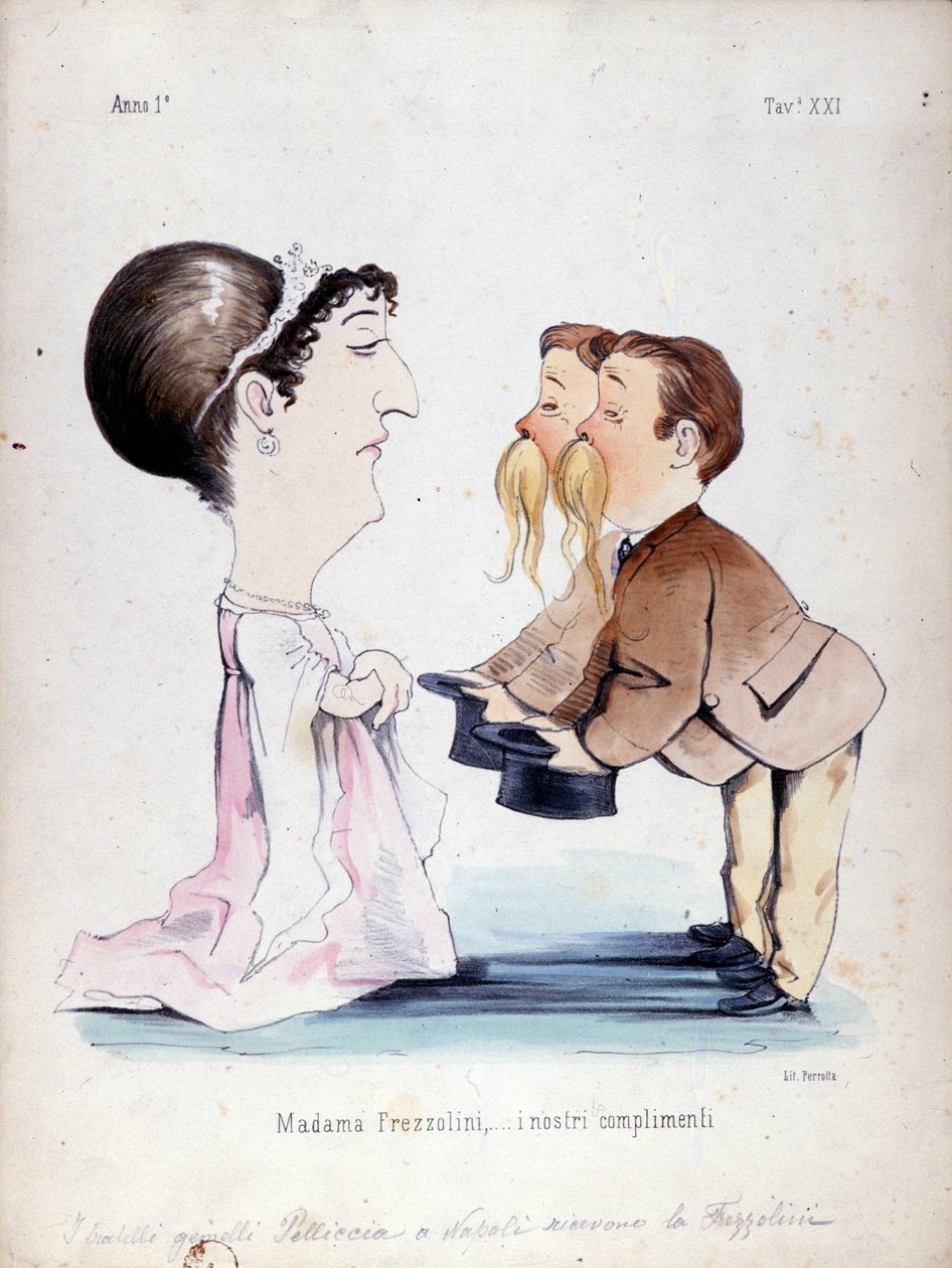 Tvillingbrødrene Pelliccia mottok Erminia Frezzolini, den italienske sopranen (1818-1884). Tegneserie fra 1800-tallet. av Unknown artist