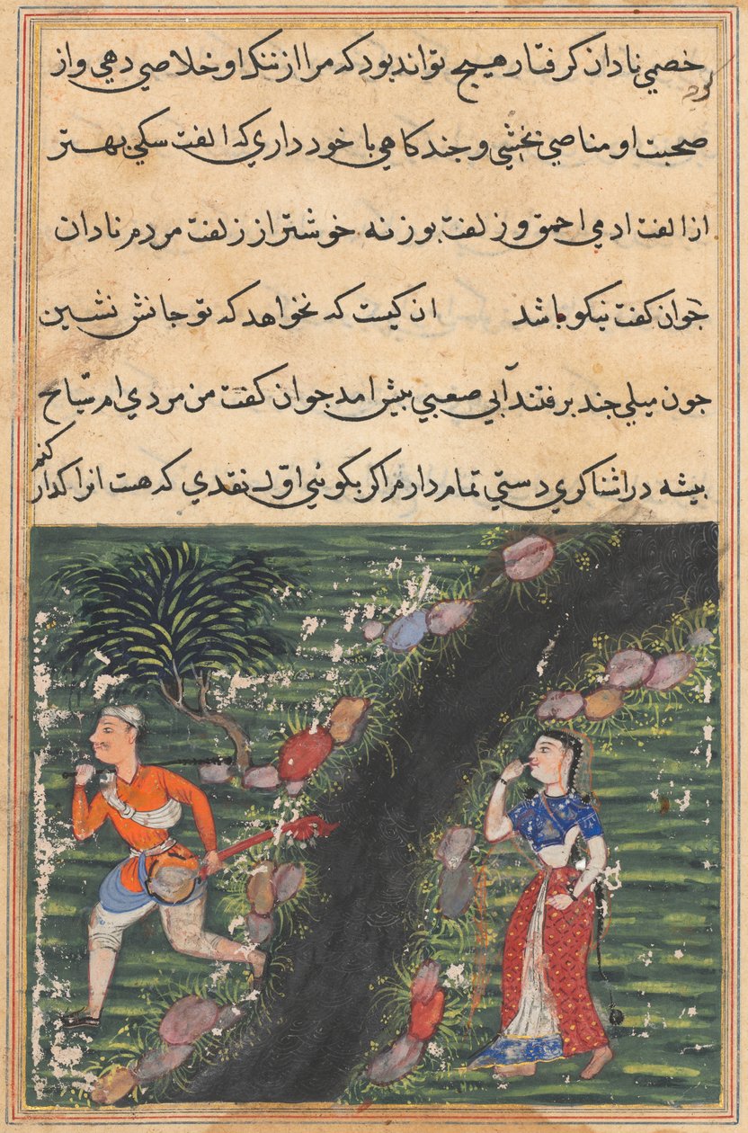 Vagabonden krysser en bekk med eiendelene til svigerdatteren til kongen av Banaras og forsvinner, fra en Tuti-nama (Tales of a Parrot): Sixteenth Night av Unknown artist