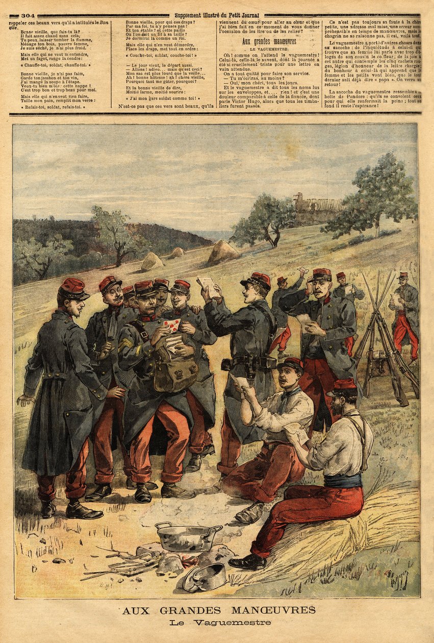 Waguemestre, militæret som har ansvaret for distribusjonen av post til troppene. Gravering i "" Le petit journal"" 23.09.1893. Selvas samling. av Unknown artist