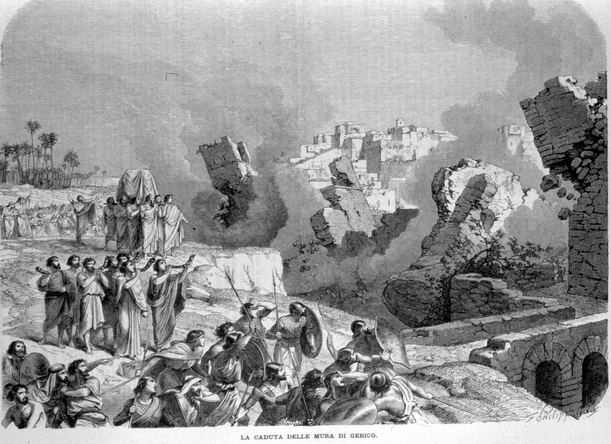 Jerikos murer kollapset til lyden av Hoseas trompeter, noe som gjorde at hebreerne kunne gripe dem. Josvas bok. Gravering av 1800-tallet. av Unknown artist