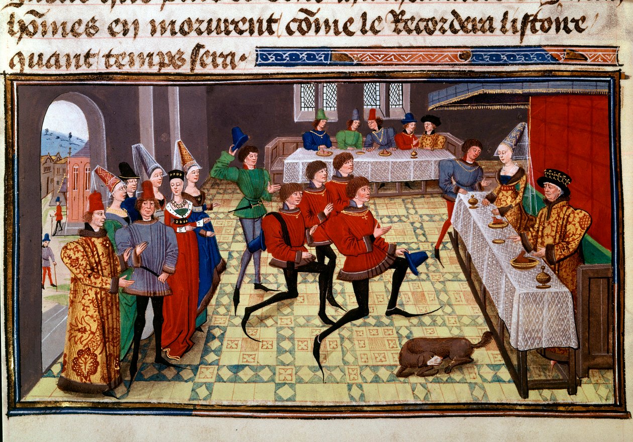 Bryllupsbanketten ved bryllupet til Clarisse, datter av kong Yvon av Gascogne og Renaud Miniature fra manuskriptet "Renaud de Montauban" eller "Les quatre fils Aymon" av Loyset Liedet (aktiv mellom 1448 og 1478). Frk. 5073. Bibliotheque fra 1400-tallet av Unknown artist