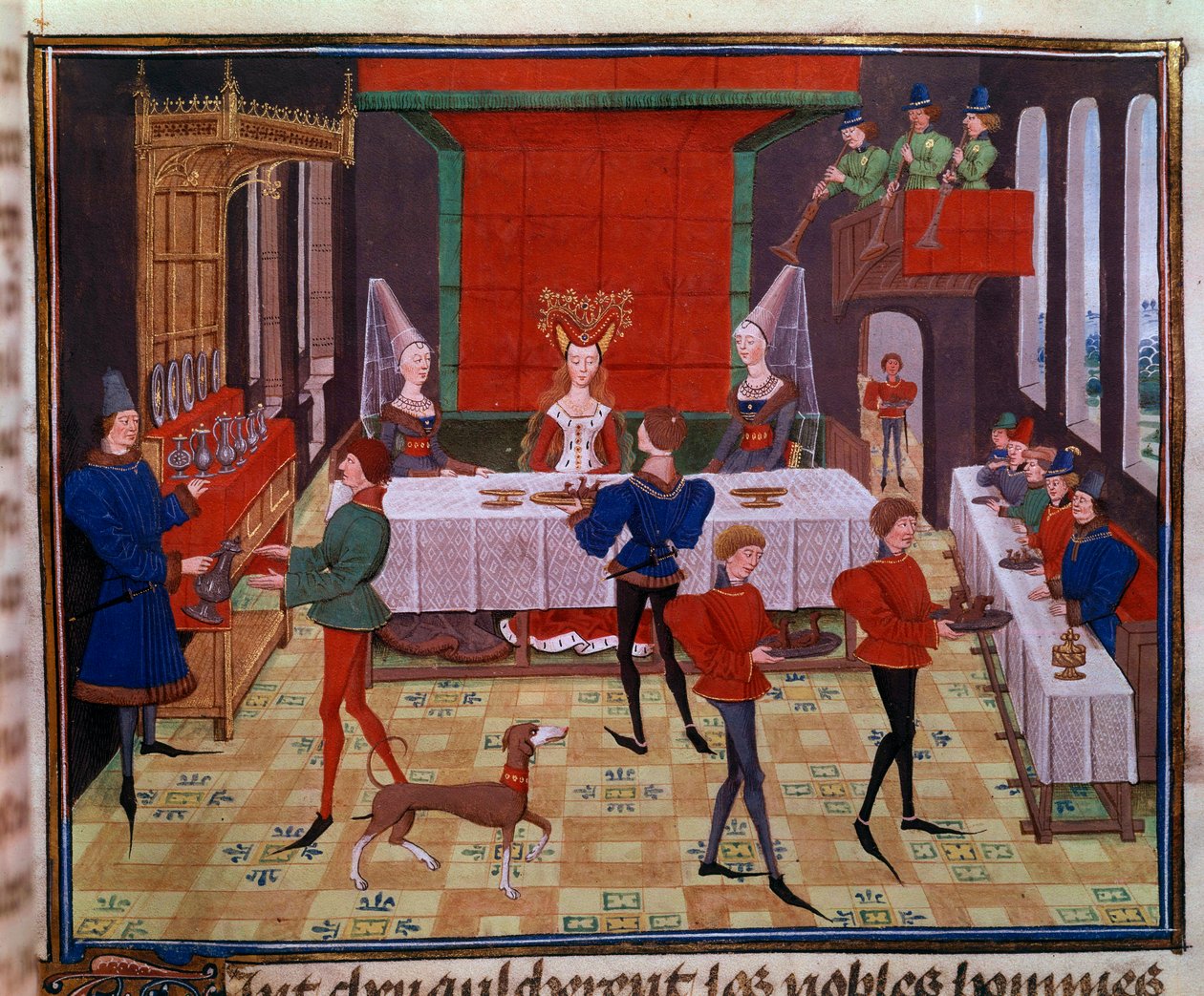 Bryllupsbanketten ved bryllupet til Clarisse, datter av kong Yvon av Gascogne og Renaud Miniature fra manuskriptet "Renaud de Montauban" eller "Les quatre fils Aymon" av Loyset Liedet (aktiv mellom 1448 og 1478). Frk. 5073. Bibliotheque fra 1400-tallet av Unknown artist