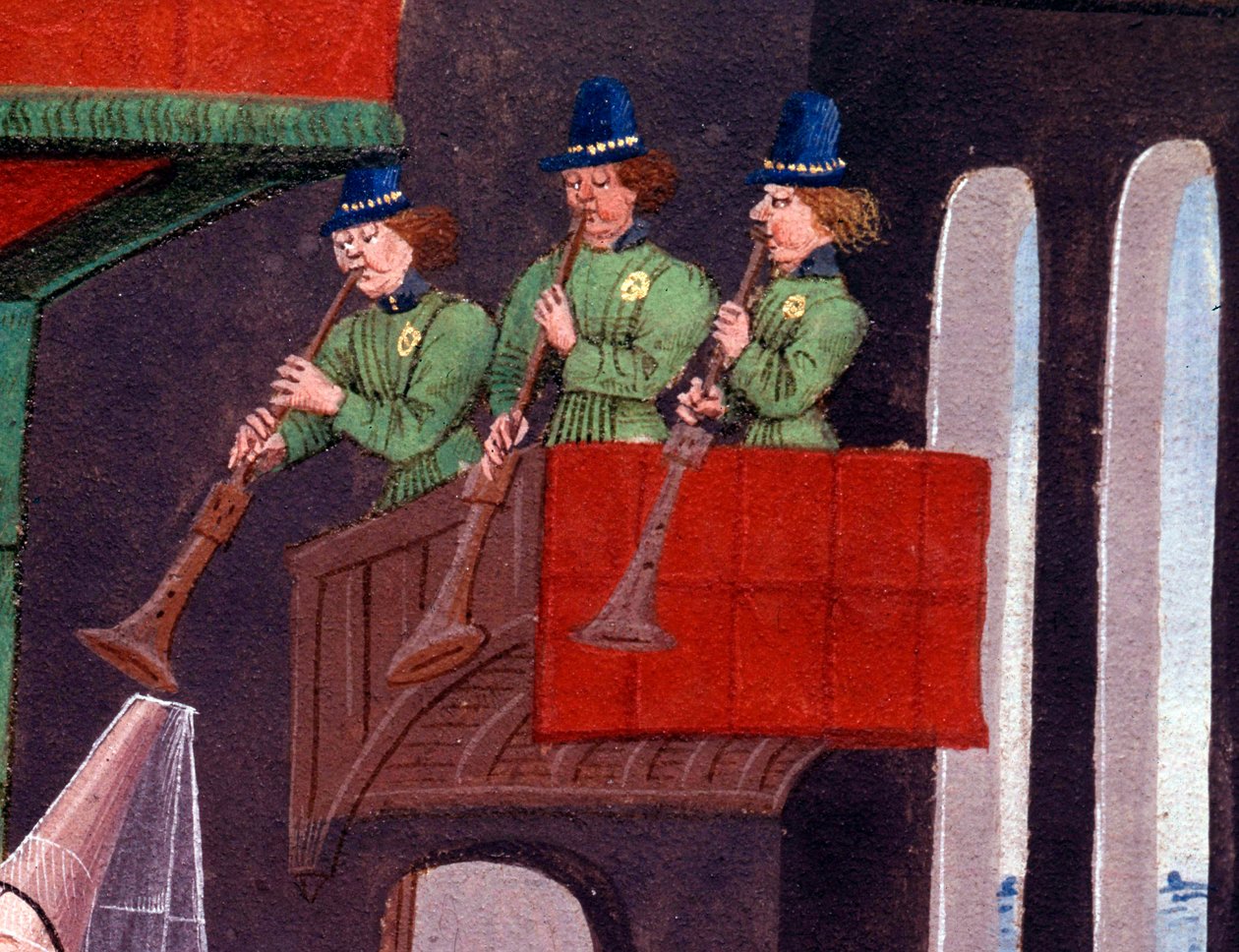 Bryllupsbanketten til Clarisse, datter av kong Yvon av Gascogne og Renaud Detail som representerer trompetistene. Miniatyr fra manuskriptet «Renaud de Montauban» eller «Les quatre fils Aymon» av Loyset Liedet (aktiv mellom 1448 og 1478). Frk. 5073. av Unknown artist