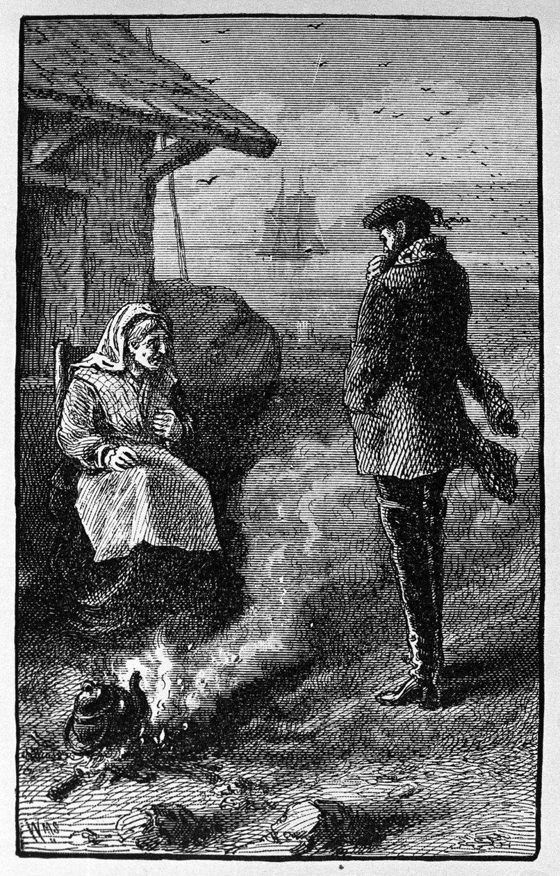 Heksen Bessie Millie, som bor på øya Pomona (Orknøyene), selger sekker med vind som er gunstige for sjømenn. Illustrasjon av Walter Scotts historie fra 1814. Gravering av 1800-tallet av Unknown artist