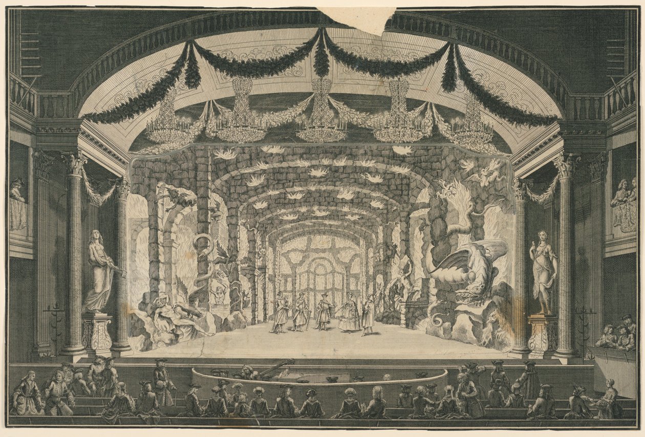 Teaterinteriør med forestilling som finner sted av Unknown artist
