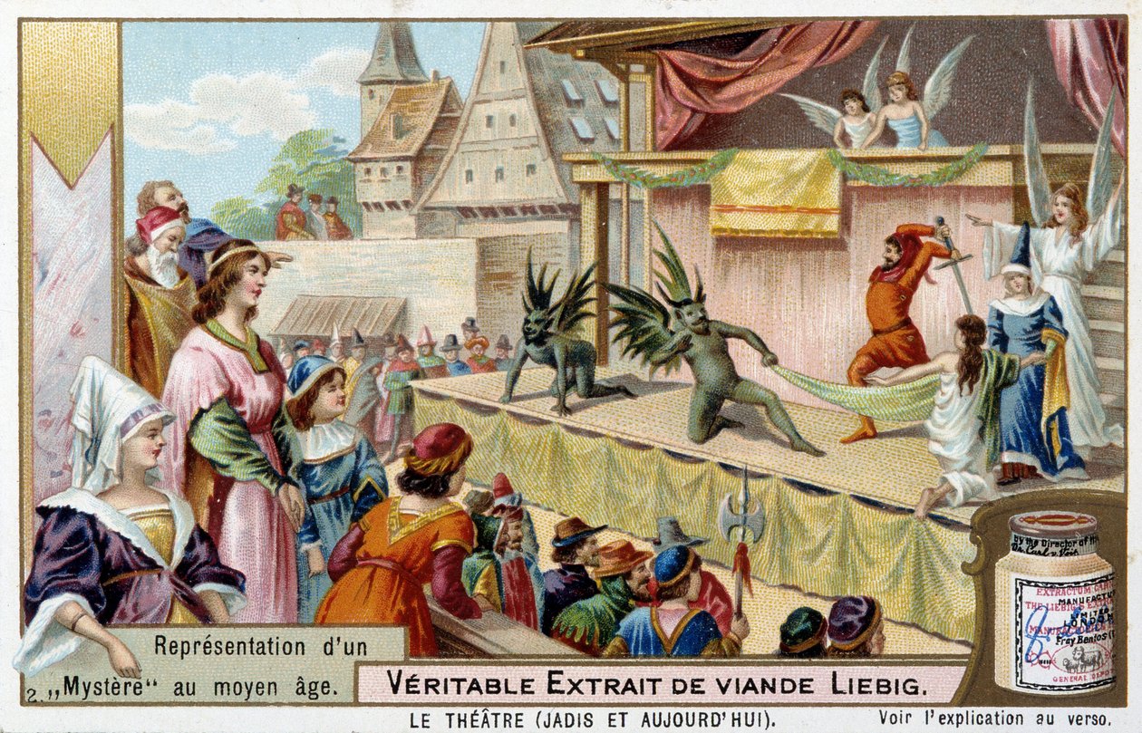 Teater: representasjon av et mysterium i middelalderen - Liebig-kromolitografi av Unknown artist