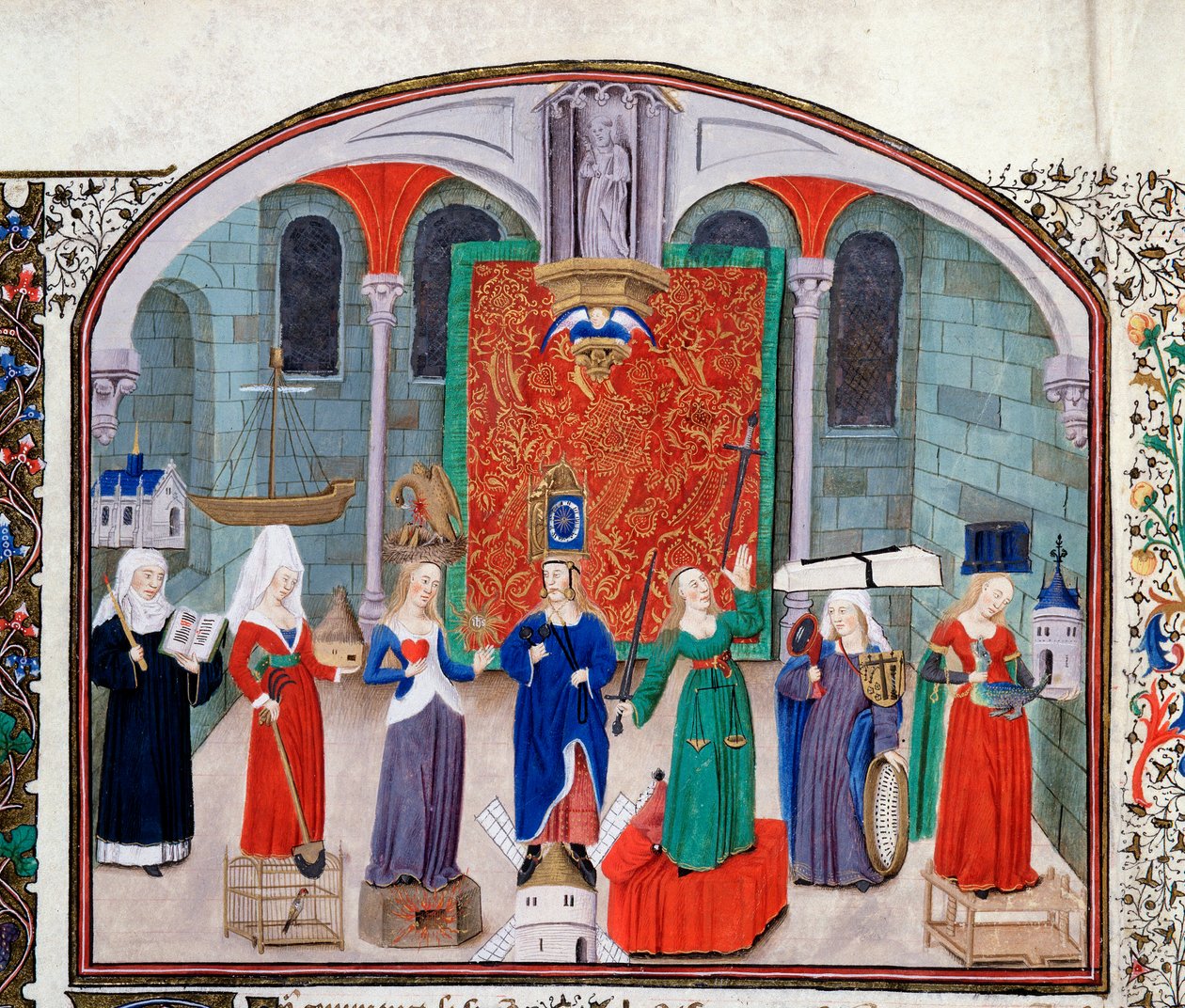 Teori om teologiske og kardinaldyder. Miniatyr fra manuskriptet (Ms 927 fol.17V) "" Commentary on Political and Economic Ethics"" av den greske filosofen Aristoteles (383-322 f.Kr.) oversatt av Nicolas Oresme (1325-1382) av Unknown artist