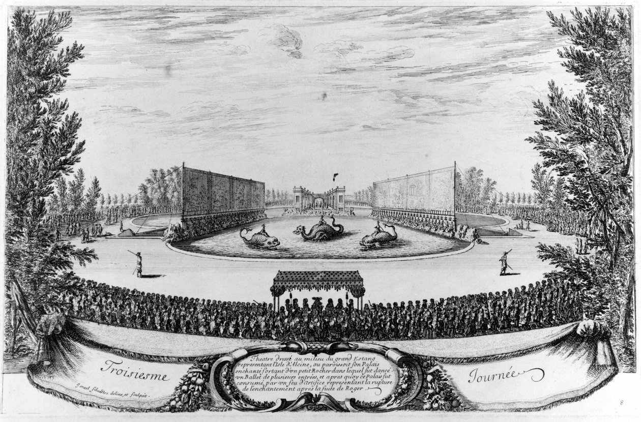 Tredje dag: teater satt opp midt i den store dammen, som representerer øya Alcine... Gravering 1676. av Unknown artist