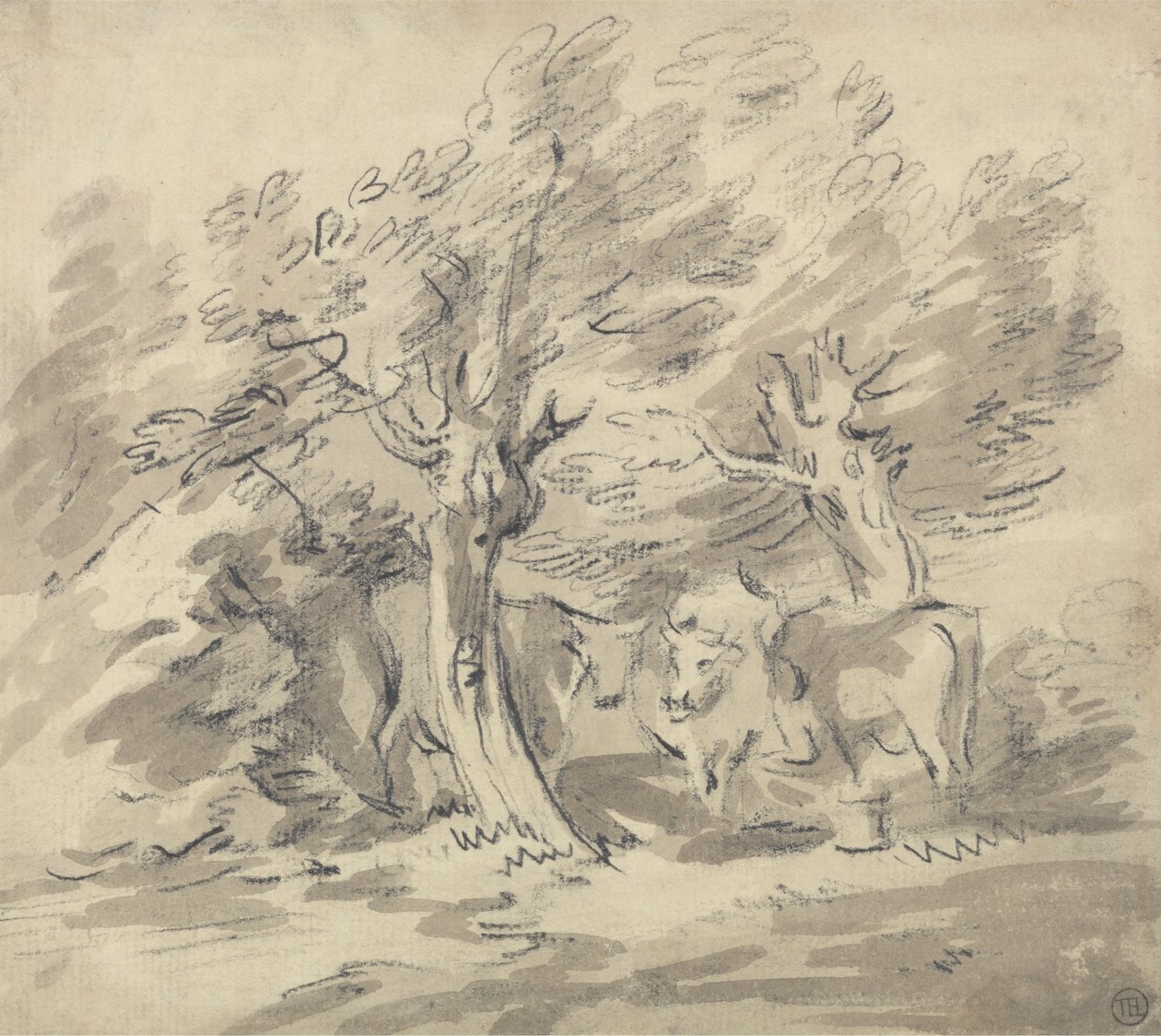 Tre kyr som står under en gruppe trær av Unknown artist