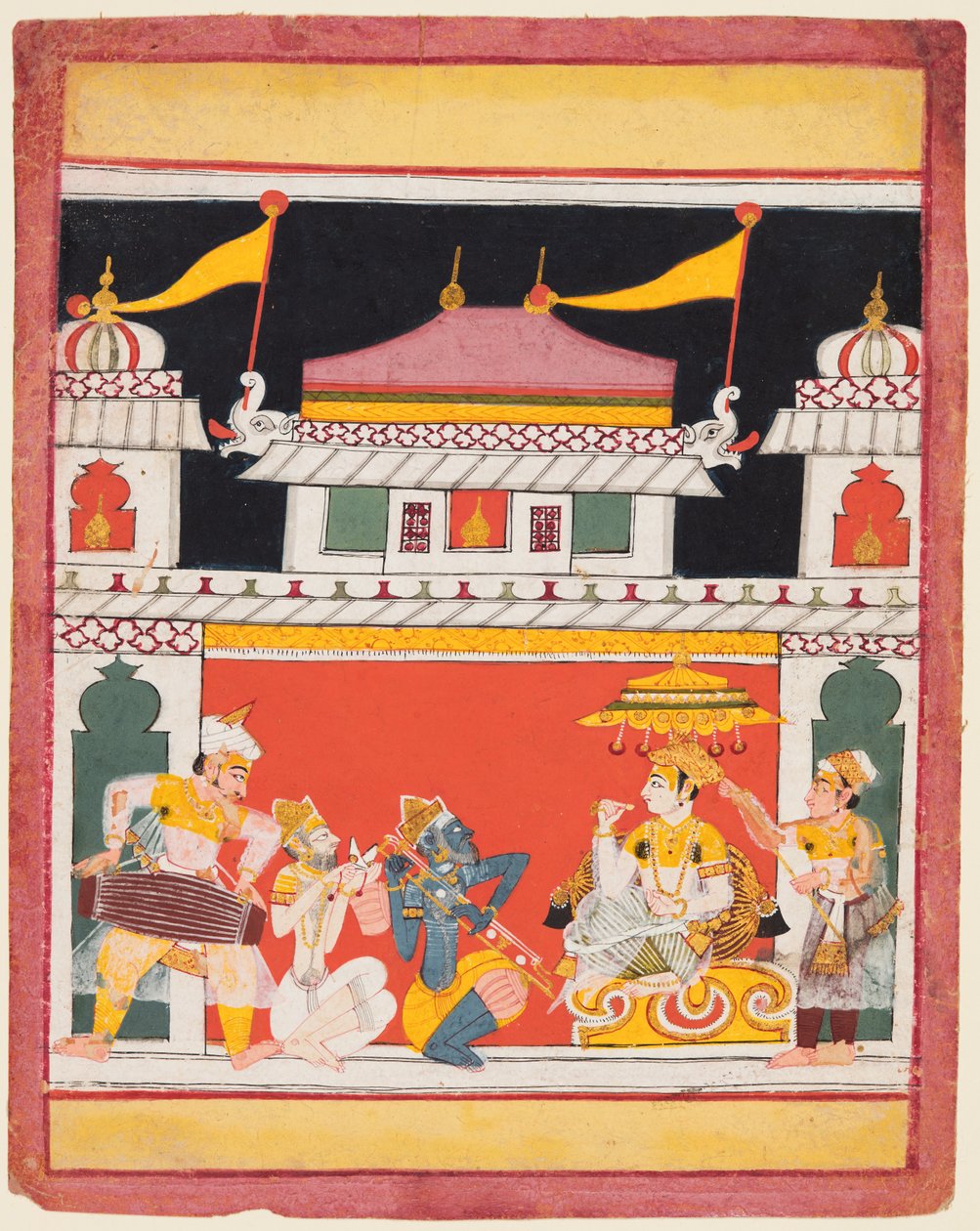 Tre musikere opptrer foran en konge: Shri Raga, fra en Ragamala av Unknown artist
