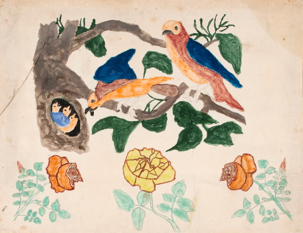 Tre roser og fuglefamilien av Unknown artist