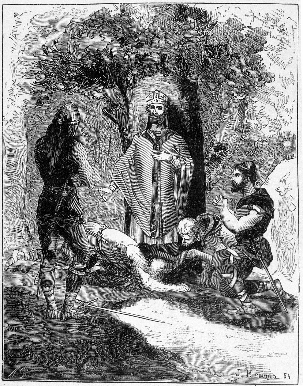 Tre av Saint Legers bødler (616-677) kastet seg for føttene hans for å be om tilgivelse. Gravering av 1800-tallet. av Unknown artist