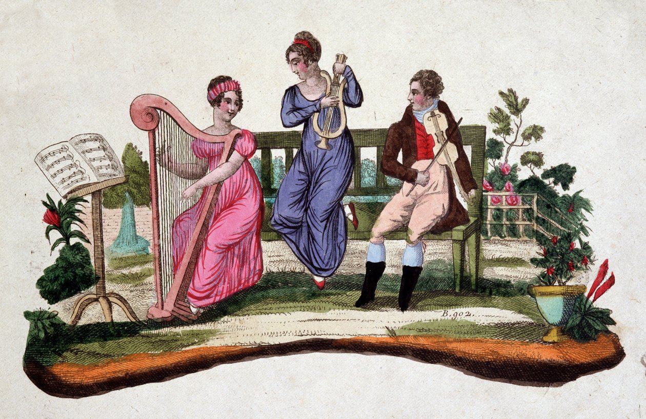 Tre personer som spiller musikkinstrumenter i en hage: harpe, lyre, bratsj. Etsing sd. av 1700-tallet. av Unknown artist