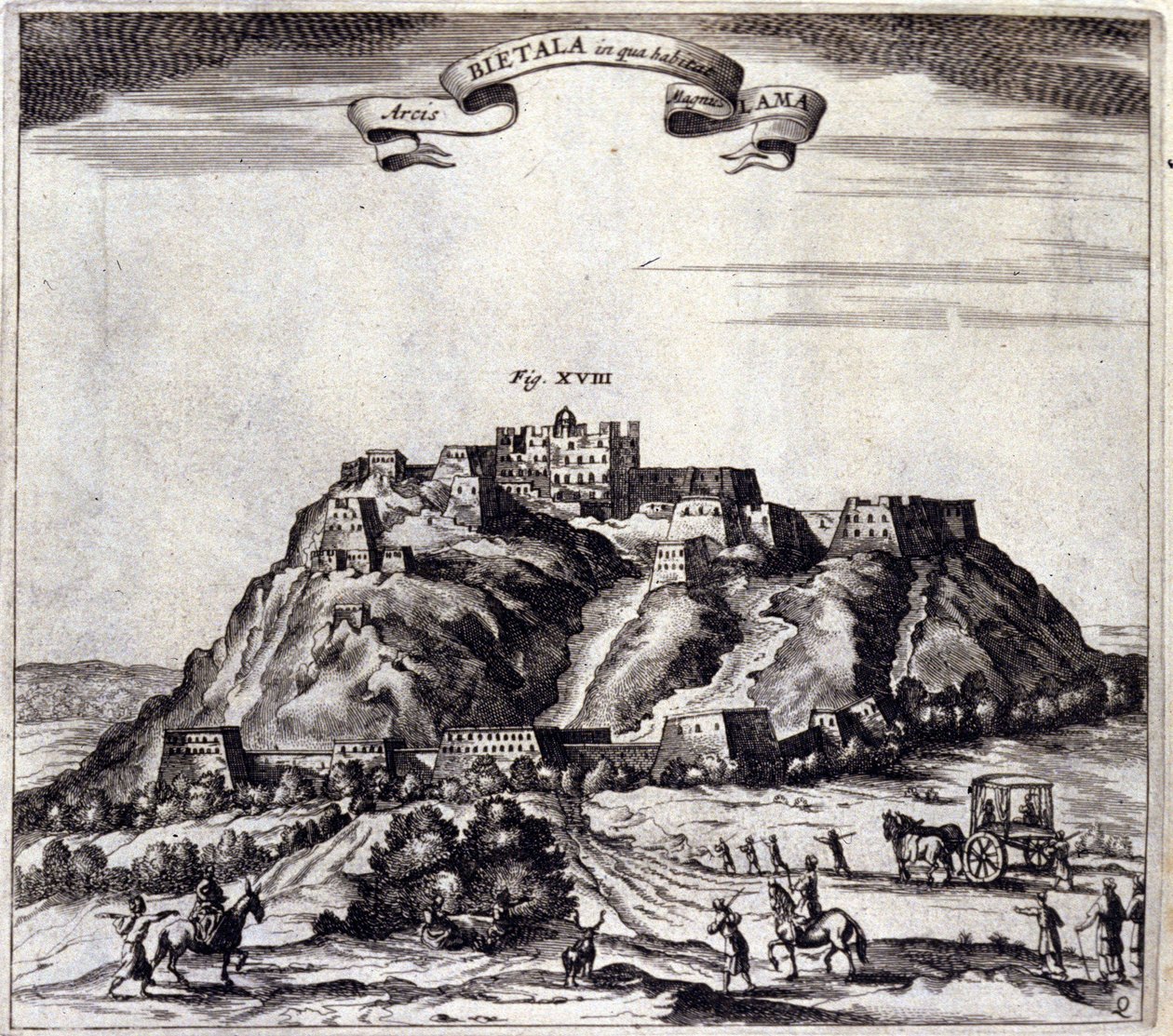 Tibet. Utsikt over Pothala, palasset eller Dalai Lama i Lhasa. "De China Monumenta" av Athanasius Kircher (1601 - 1680), jesuitt, orientalist og tysk lærd, Amsterdam 1667. av Unknown artist