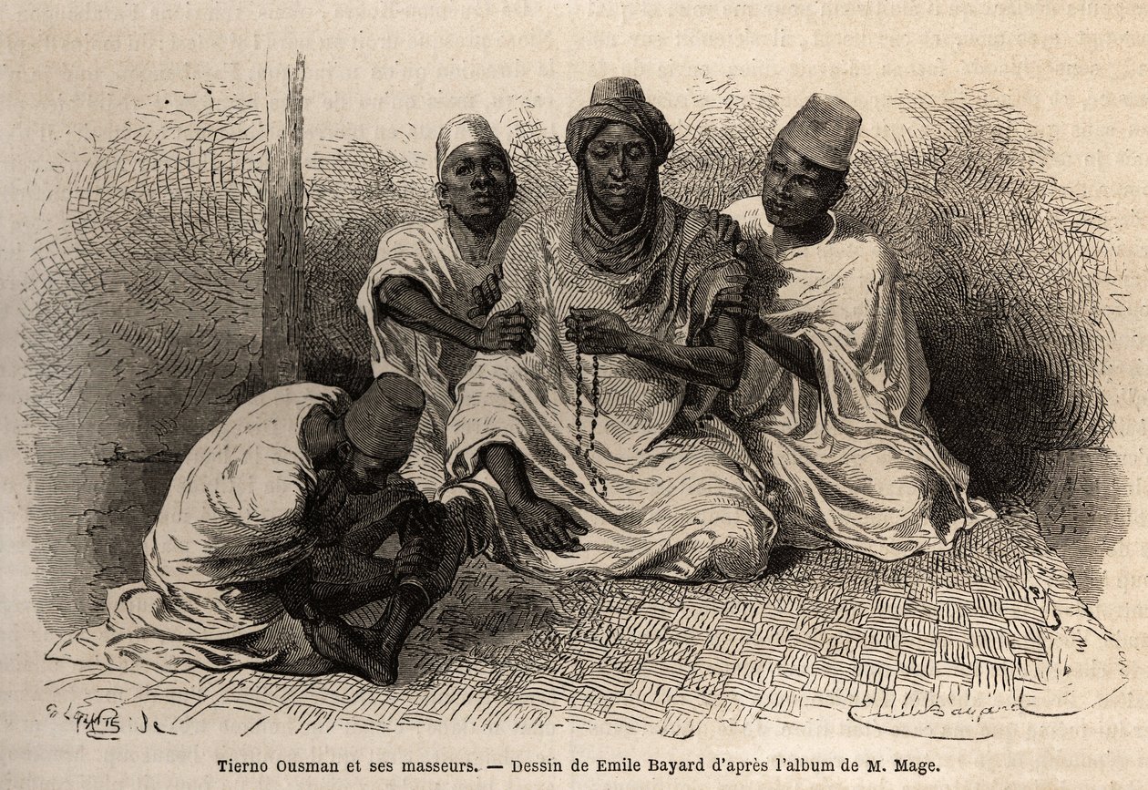Tierno Ousman, fra Toucouleur-stammen, leder av landsbyen Guemmou Koura (Mali), holder en muslimsk rosenkrans med store korn, retter opp bønner, mens massørene hans masserer ryggen og bena hans. Gravering for å illustrere reisen til Vest-Sudan av Lieute av Unknown artist