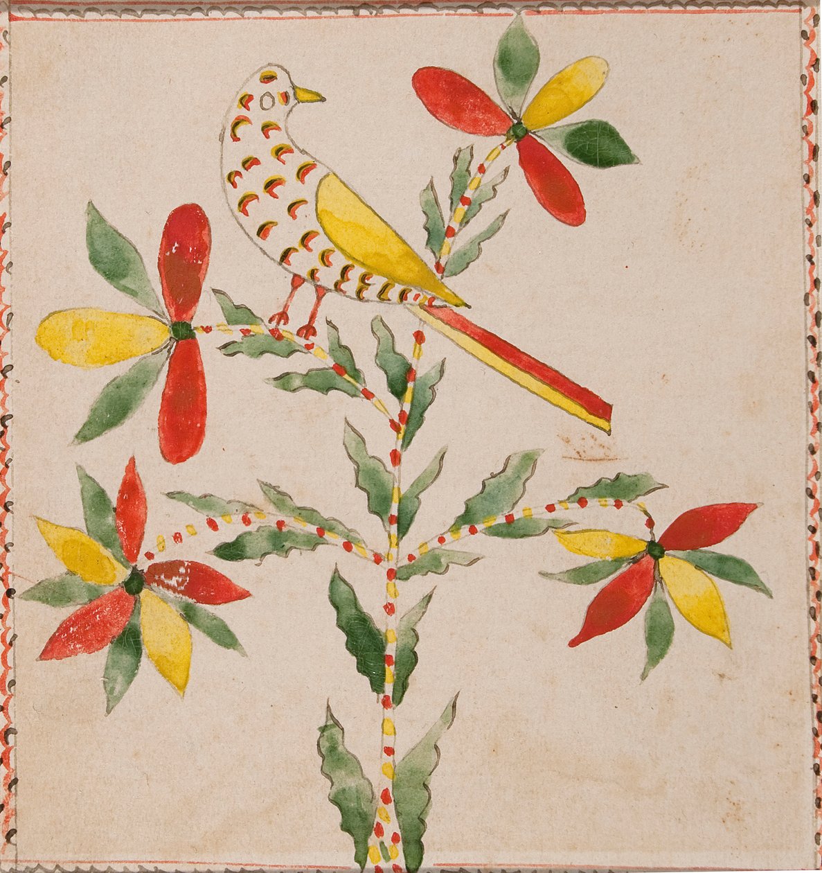 Liten gul og rød fugl på blomstrende kvist av Unknown artist