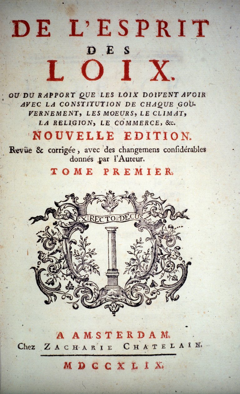 Tittelside til "" Lovenes ånd"" av Charles Louis de Secondat, Baron de La Brede et de Montesquieu (1689-1755). Amsterdam-utgaven 1749. av Unknown artist