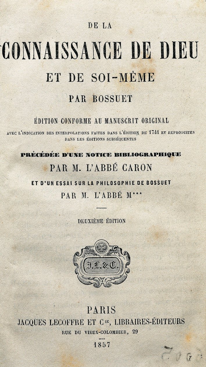 Tittelside av "Kunnskapen om Gud og selvet selv" av den franske teologen og biskopen Jacques-Benigne (Jacques Benigne) Bossuet (1627-1704). 1857. av Unknown artist