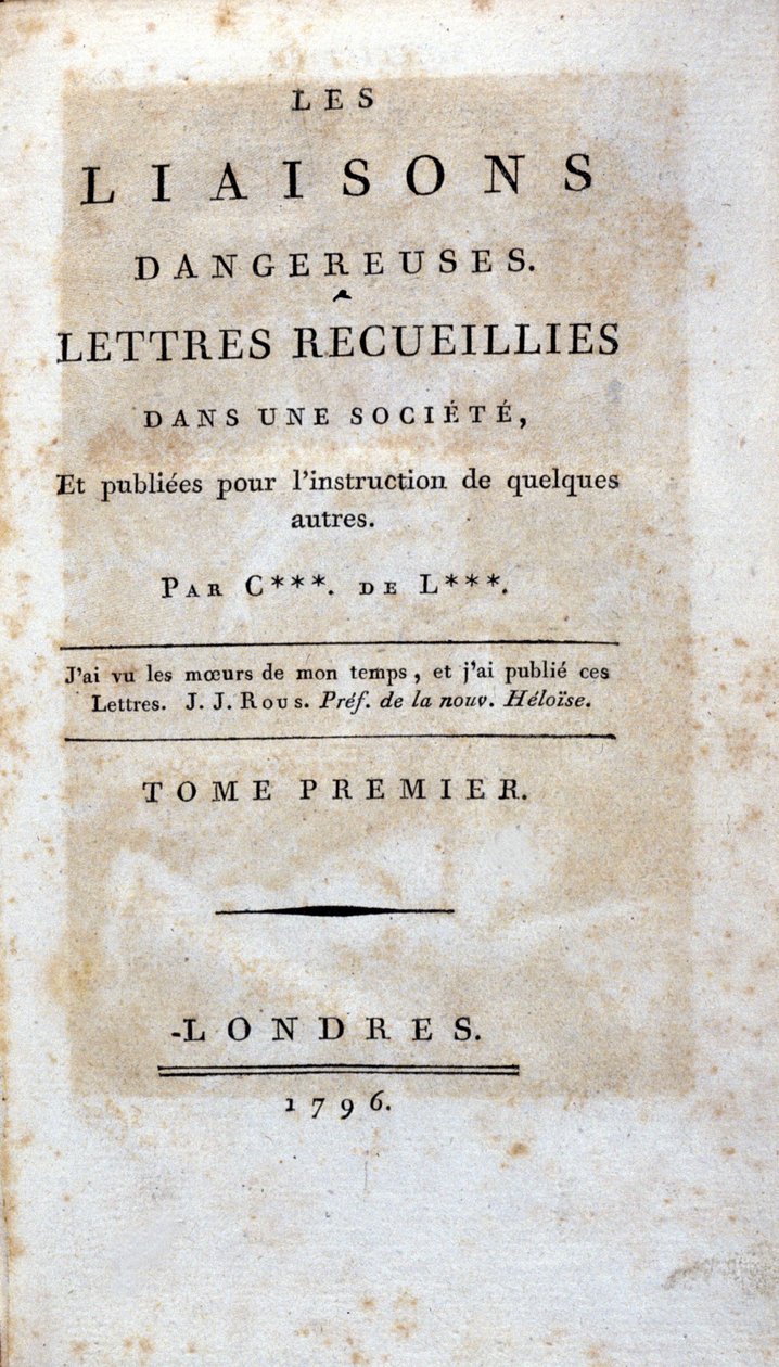 Tittelsiden til boken "Dangerous Liaisons" av Choderlos de Laclos, London av Unknown artist