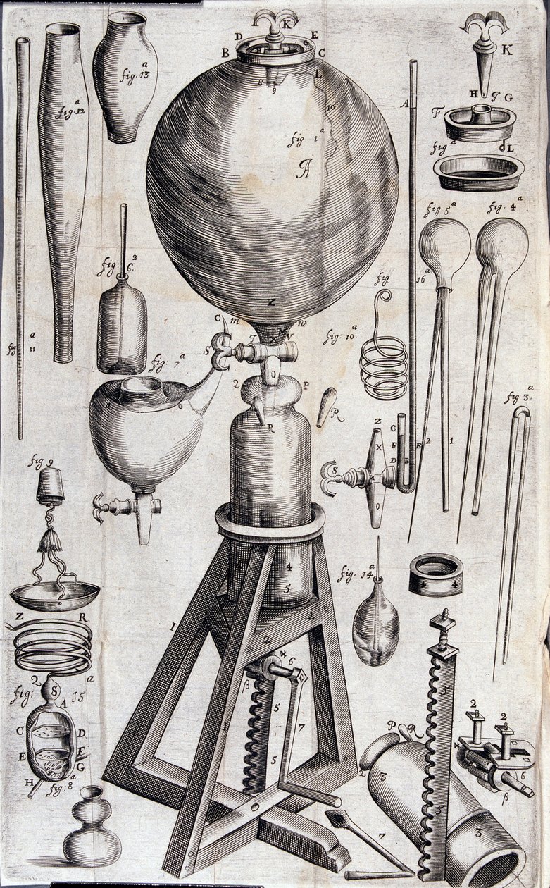 Verktøy for vitenskapelige eksperimenter - i "New physico-mechanical experiments on the elastic force of air, and the effects of the same, made the most part in a new pneumatic machine"" av Robert Boyle av Unknown artist