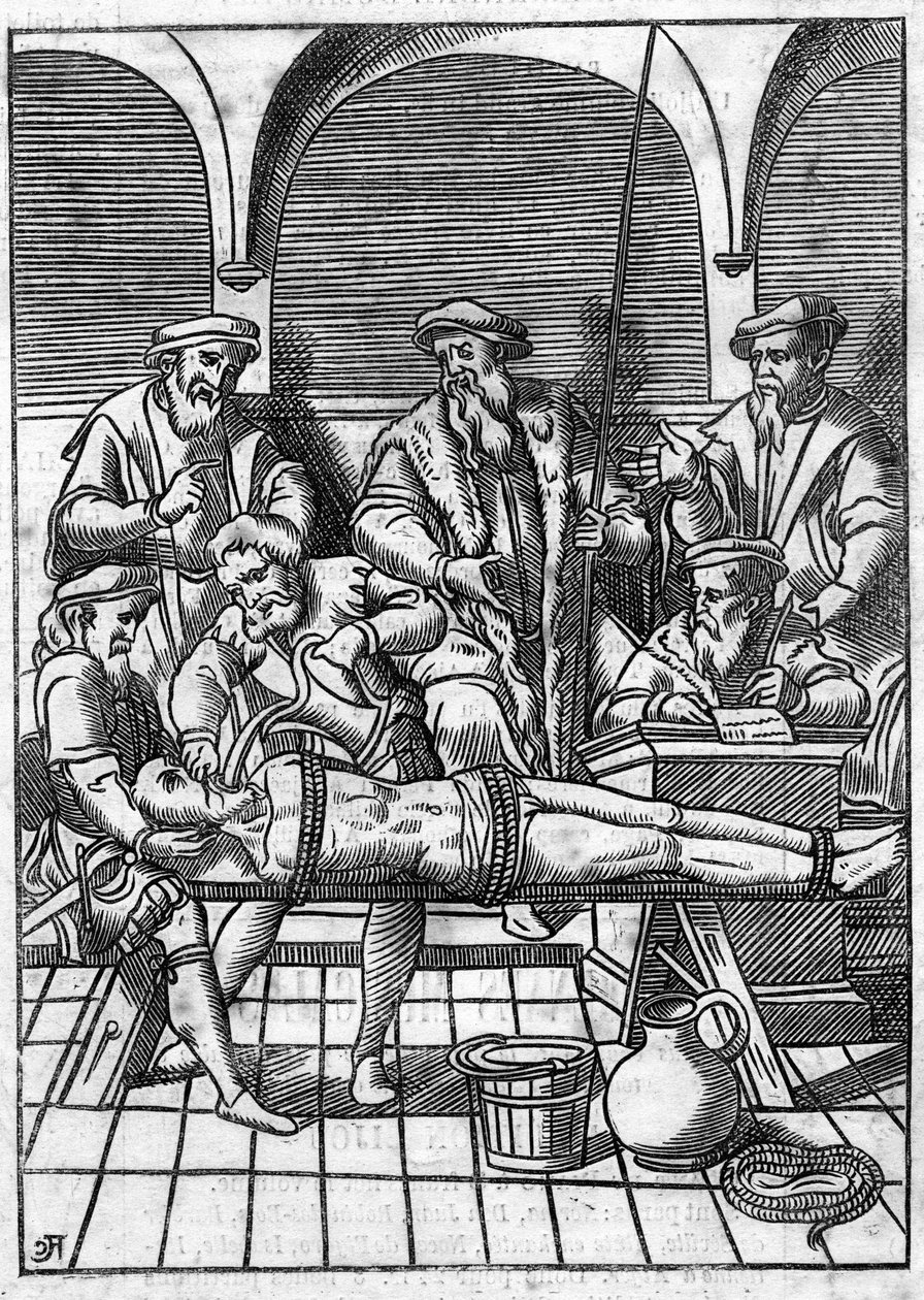 Torture in the Middle Ages: the question of water. Tie by strings, water is poured on a cloth that is pushed to the bottom of his throat. Engraving of the 18th century after an engraving of the Middle Ages. av Unknown artist