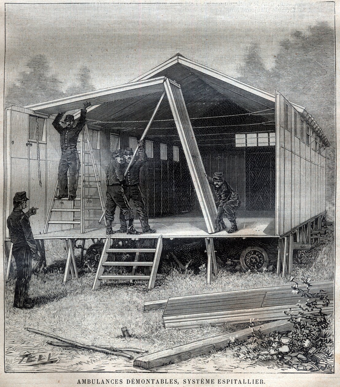 Transportable pappkonstruksjoner: ambulanser demonterbare, system oppfunnet av kommandør Espitallier - Gravering i "" La Science francaise"" av Unknown artist