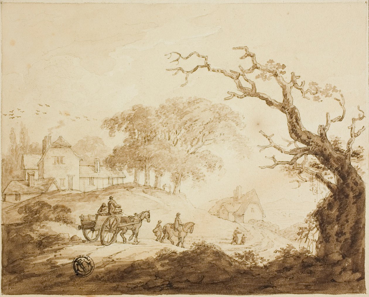 Reisende med hester og vogn på vei forbi hus av Unknown artist