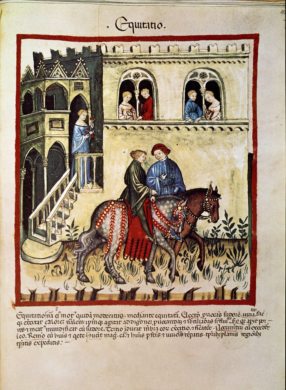 Behandle medisin: "" fordelene ved ridning"" Side hentet fra "" Tacuinum sanitatis"" (Cod. ser. nov. 2644) Rundt 1400 Wien, Osterreichische Nationalbibliothek av Unknown artist