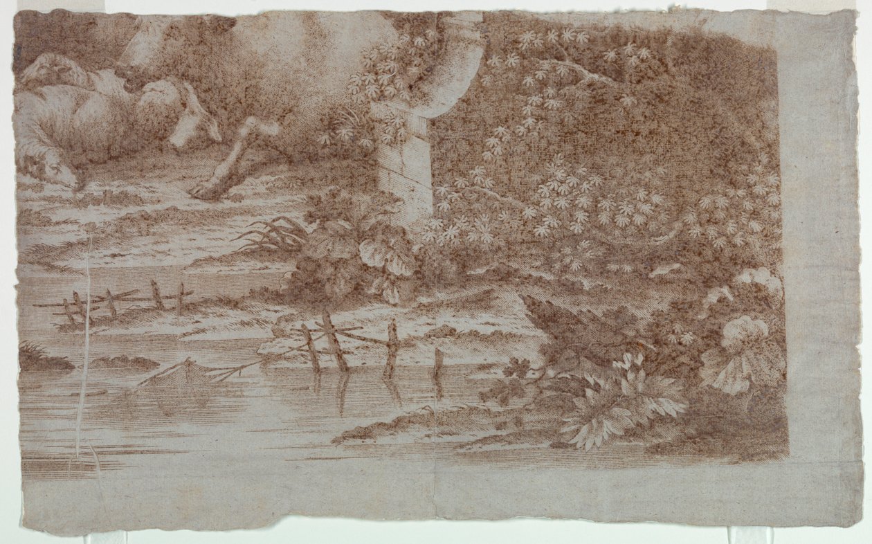 Prøvebevis for bomullstrykk: "Pastoral scene med påfugler og fjærkre" av Unknown artist