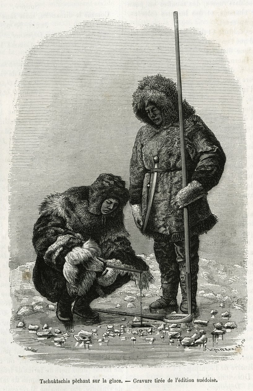 Tschuktschis fisker på is i Koljutchin Bay (polarsirkelen). Gravering fra den svenske utgaven, for å illustrere historien "" Voyage de la Vega rundt Asia og Europa", av Nils Adolf Erik (Eric) Baron Nordenskjold (Nordenskiold) (1832-1901), i 1878-1880 av Unknown artist