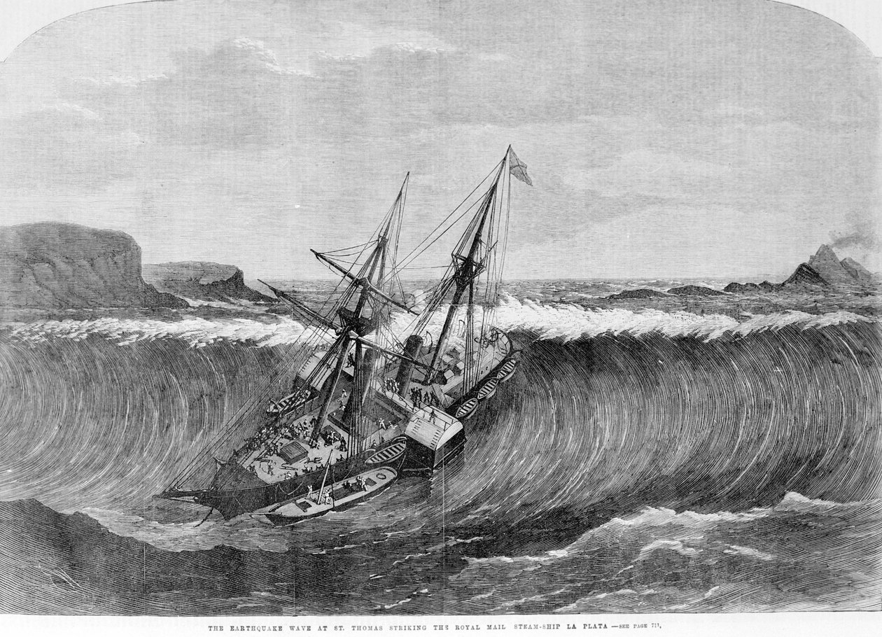 Tsunamien 1867. Jordskjelvet i Saint Thomas forårsaket de store bølgene som traff rutebåten «La Plata» i 1867. av Unknown artist