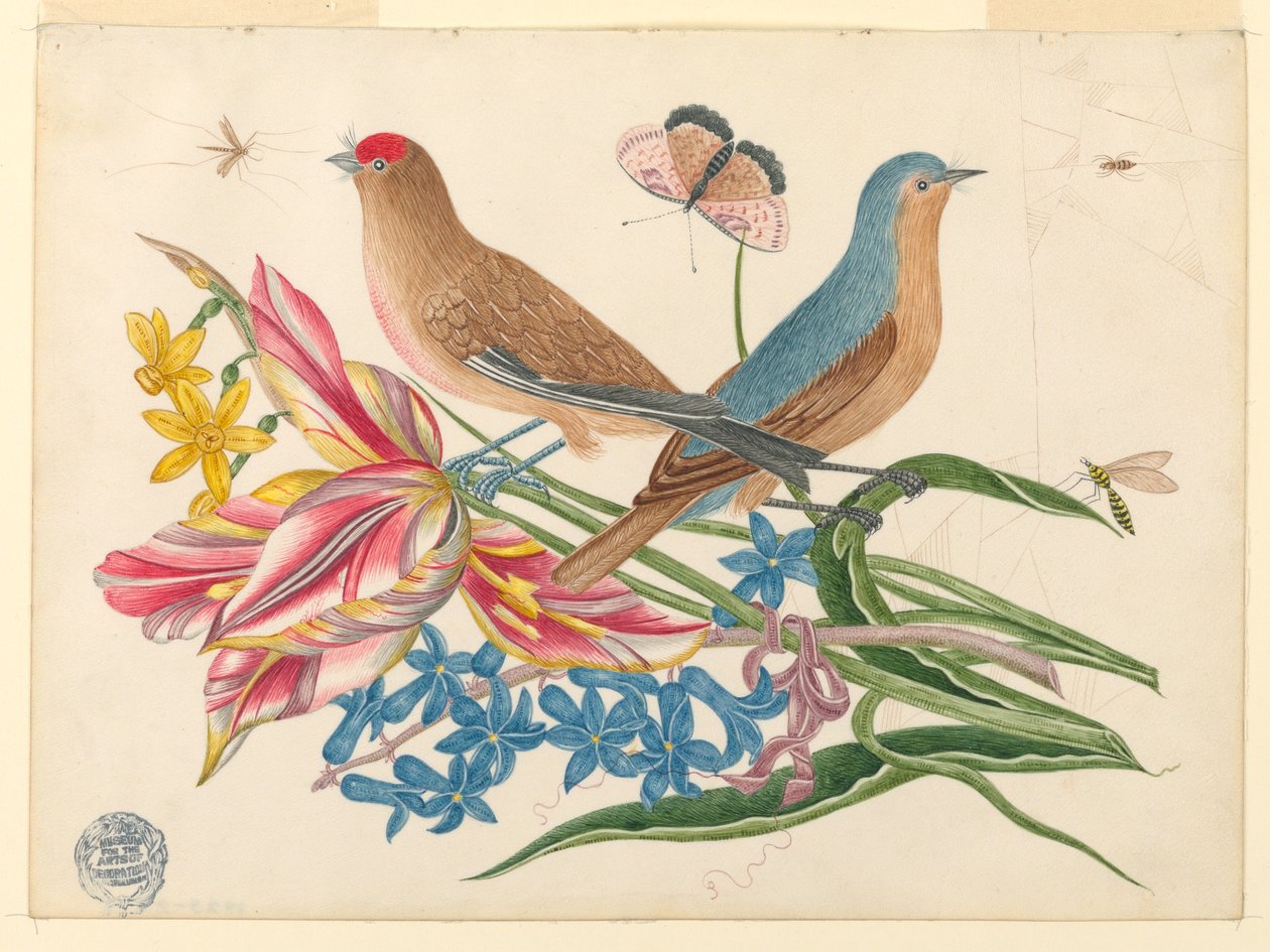 To fugler på en gren av tulipaner med insekter av Unknown artist