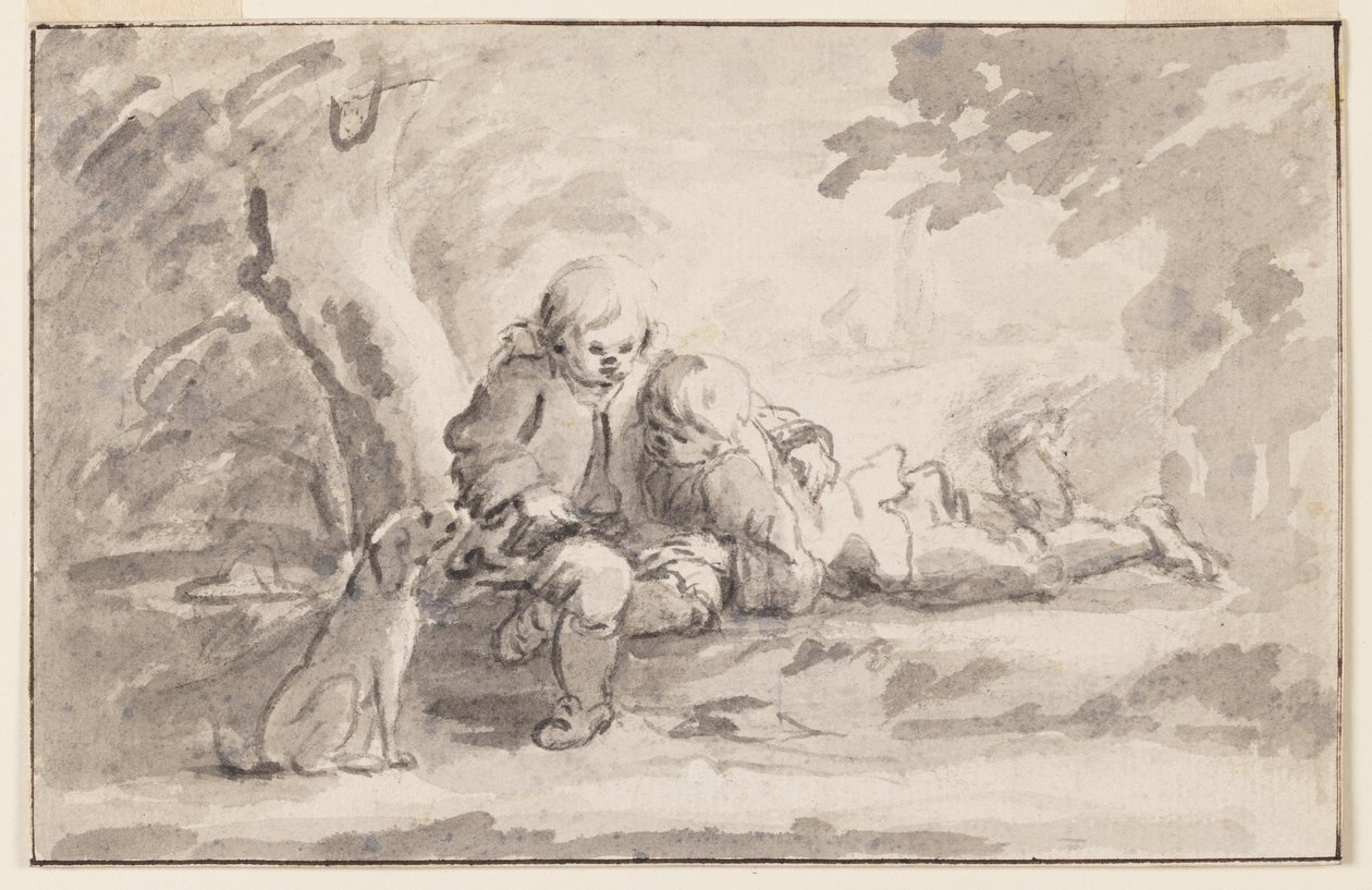 To gutter ser på en bok av Unknown artist