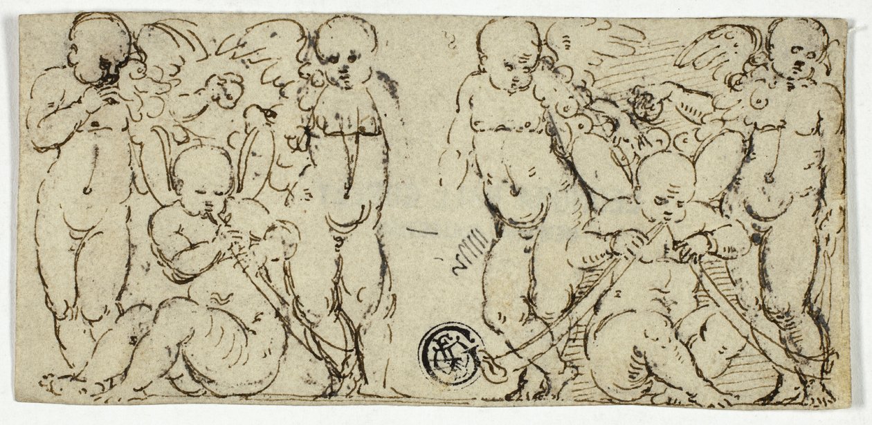 To dekorative grupper av Putti med trompeter og frukt av Unknown artist