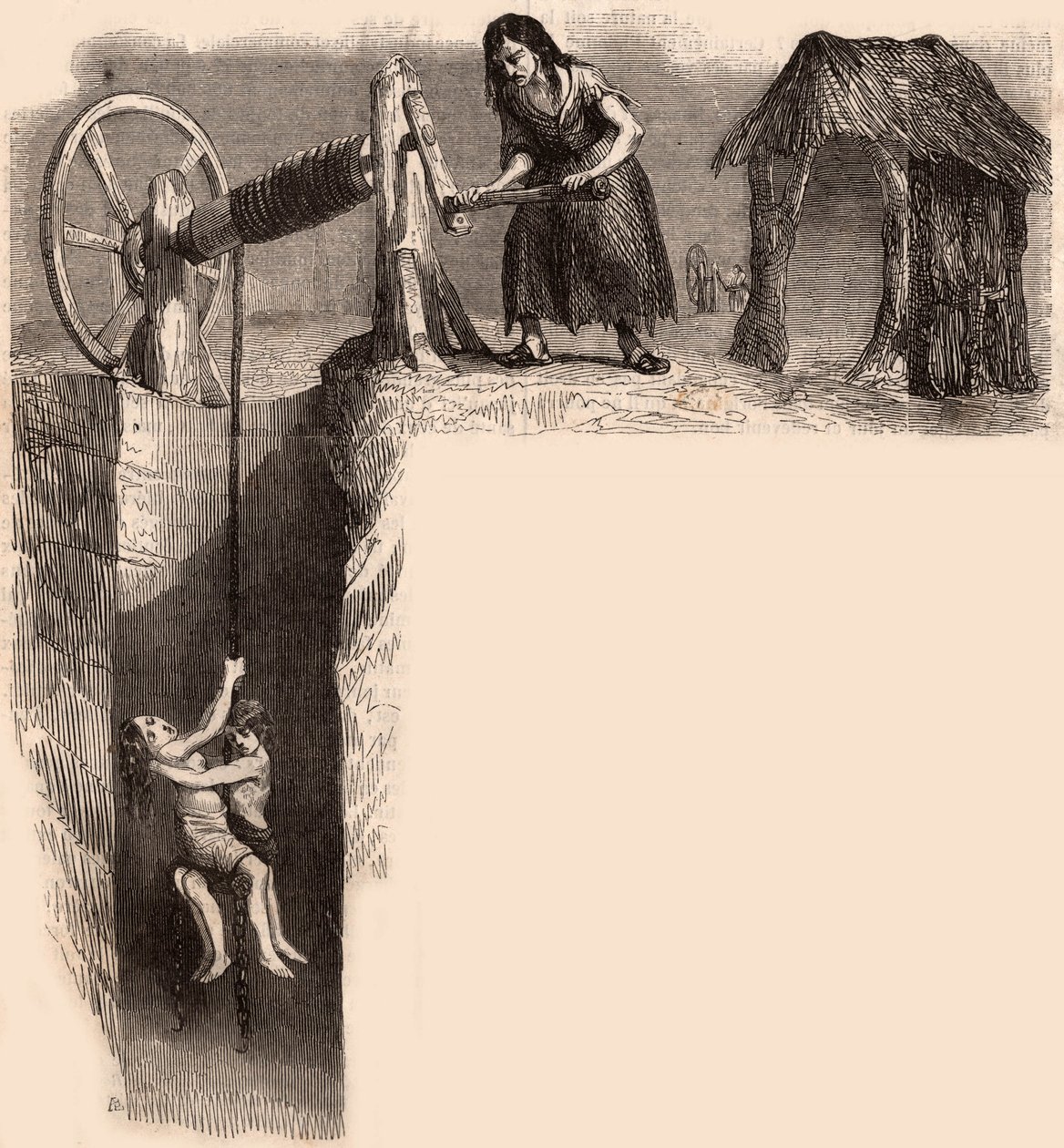 To utslitte barn tatt ut av en engelsk kullgruve av en kvinne med vinsj (gravering) av Unknown artist