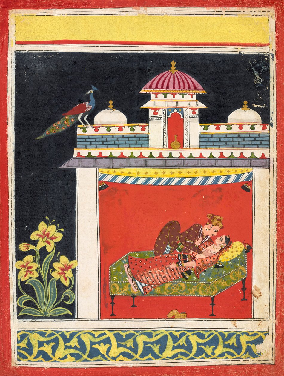 To elskere i en paviljong, fra en <em>Amarushataka</em> (Hundre dikt av Amaru), eller en uidentifisert erotisk serie av Unknown artist