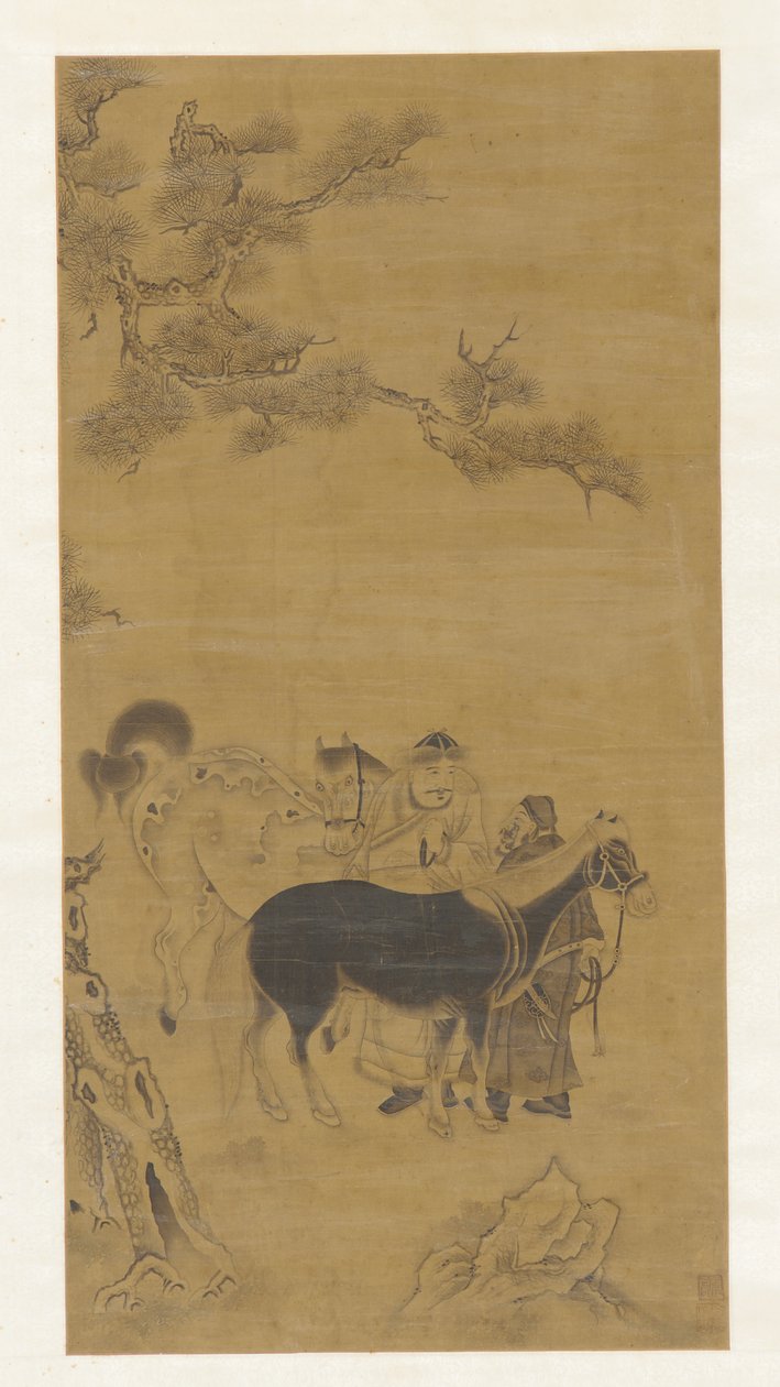 To menn og to hester under en furu av Unknown artist
