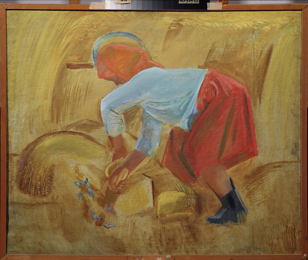 En reaper med en sigd på hodet. Maleri av Alexei Fyodorovich Pakhomov (1900-1973), olje på lerret av Unknown artist