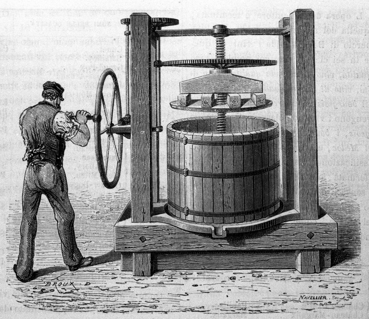 Bruk av pressen for å få druerester i Medoc og Cognac. Gravering fra slutten av 1800-tallet av Unknown artist