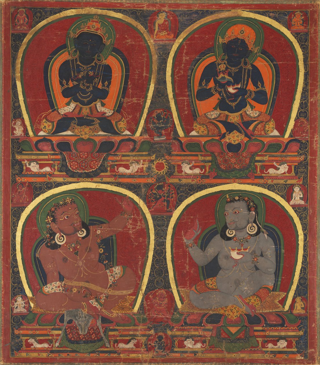 Vajradhara, Nairatmya og Mahasiddhas Virupa og Kanha av Unknown artist